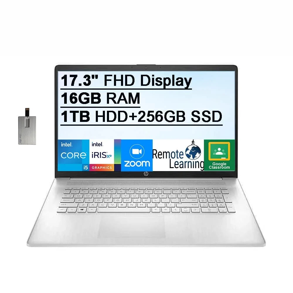 HD 16GB Silver, Xe 2021 Processor, Nits HDD+256GB SSD, Webcam, HD Card RAM, Backlit Win11, 17.3" IPS Computer, i5-1155G7 USB HP Core 250 Laptop 1TB Keyboard, Iris Graphics, FHD 32GB Audio,