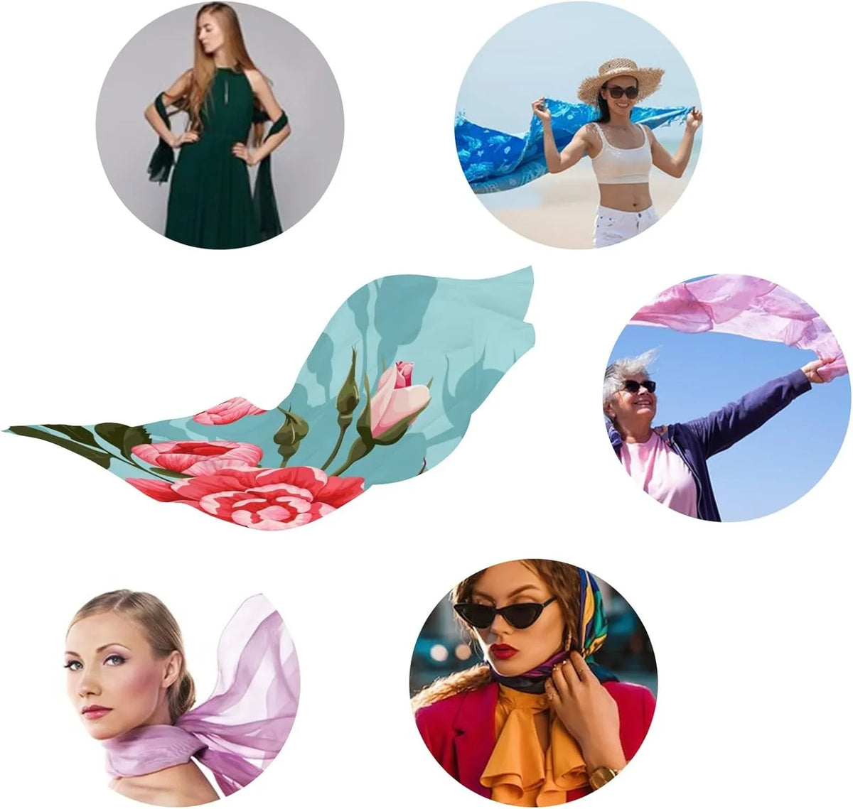 Girls for Wrap Neck Women Shawl Long Silk Roses Hyjoy Scarves Peony Scarf Lightweight And