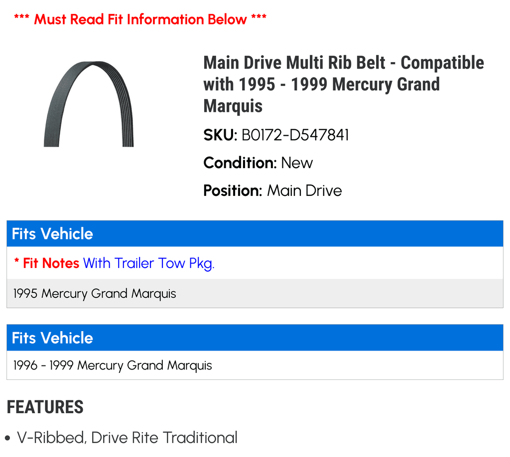 Drive Belt - 1998 - with 1995 Mercury 1997 Multi Main Grand 1996 1999 Rib Compatible Marquis