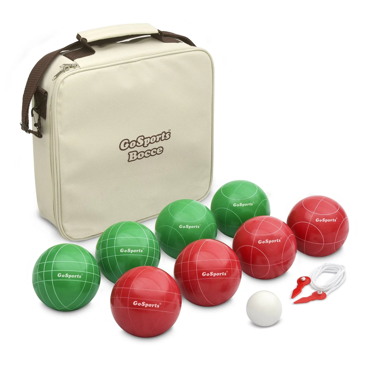 8 Regulation Set with Pallino, and Balls, Case 100mm Rope GoSports Bocce Measuring