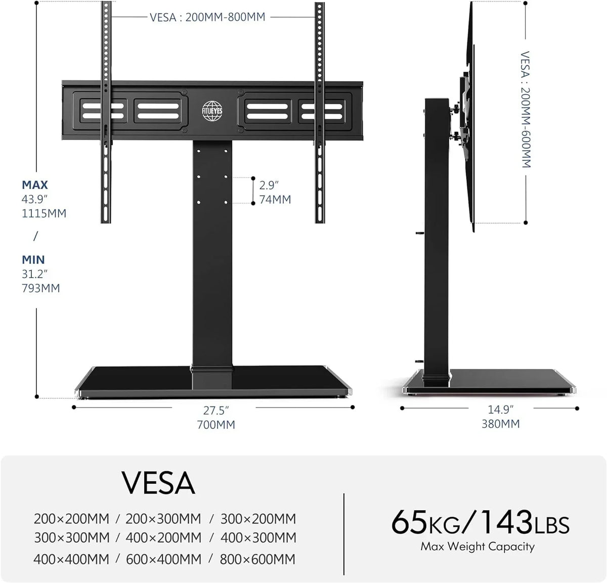 TV 143 TV Mount Screen Height Holds Adjustable Flat Tempered Swivel 85 for Swivel Universal up TV Glass HBBOOMLIFE 50 Stand to Tabletop with Stand/Base to 100 Level lb Degree Base inch 4