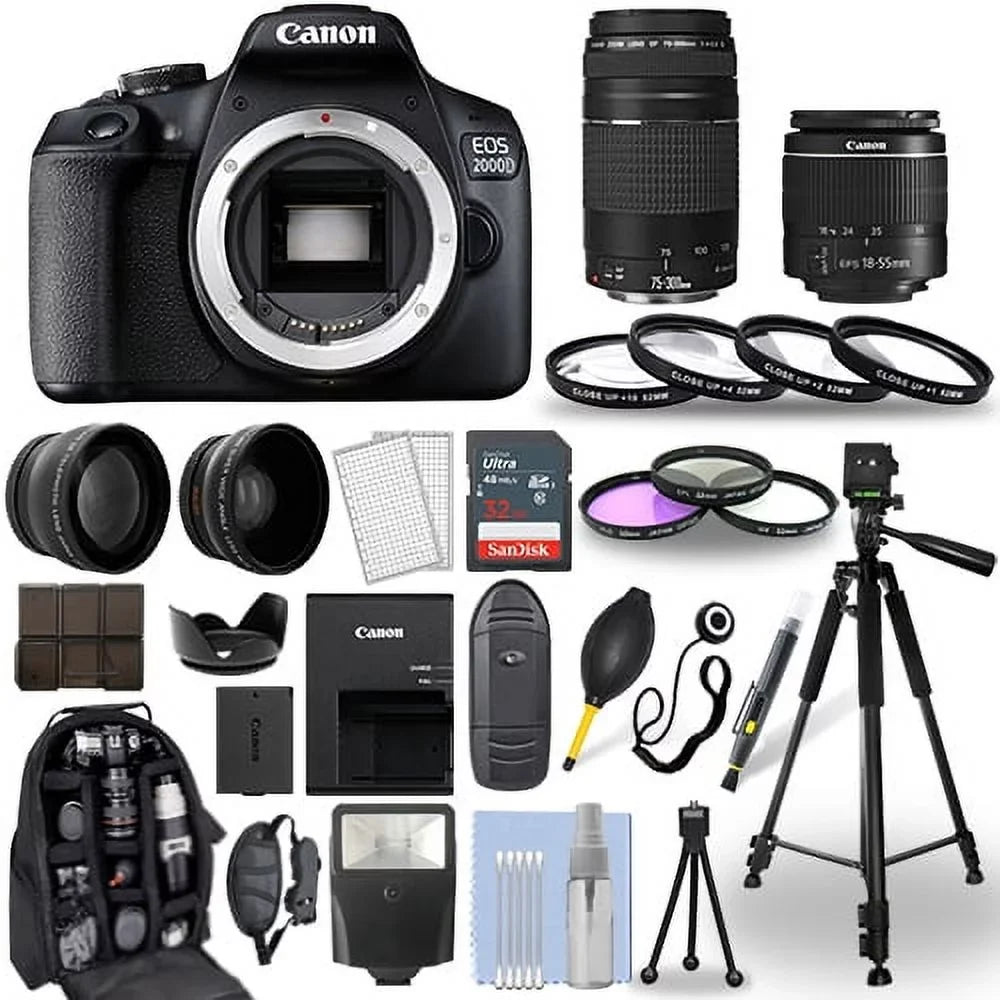 18-55mm 30 T7 + + Canon Camera EOS 75-300mm / + DSLR 2000D Piece Rebel Bundle