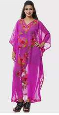 Hand Magenta Maxi Dress Caftan Georgette Embroidered Cover up Wear Bikini L-51"