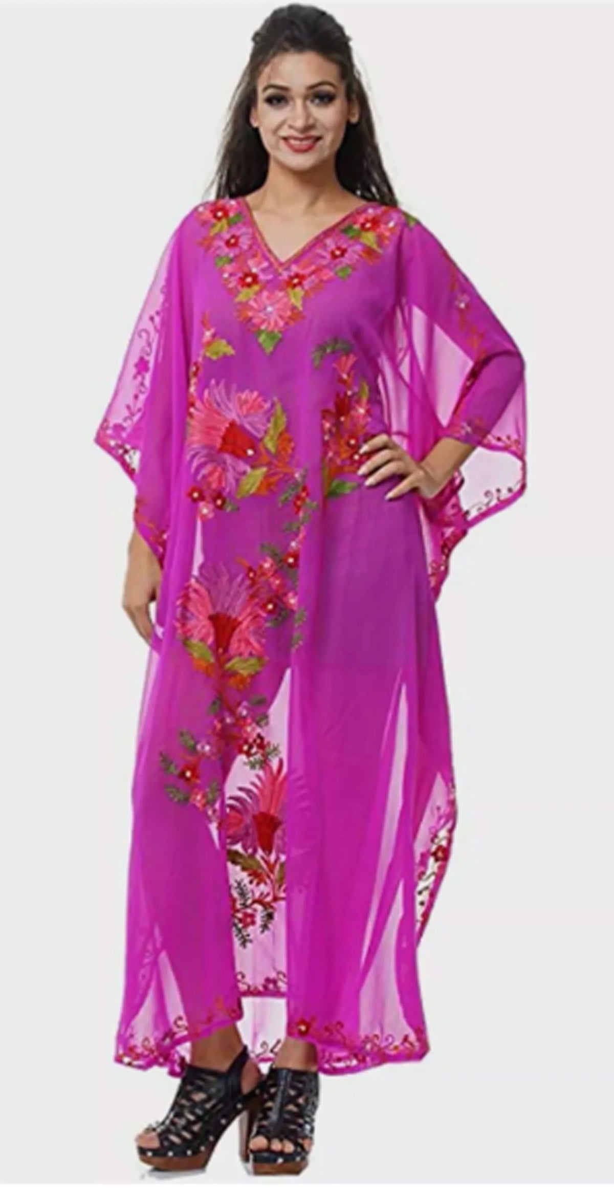 Hand Magenta Maxi Dress Caftan Georgette Embroidered Cover up Wear Bikini L-51"
