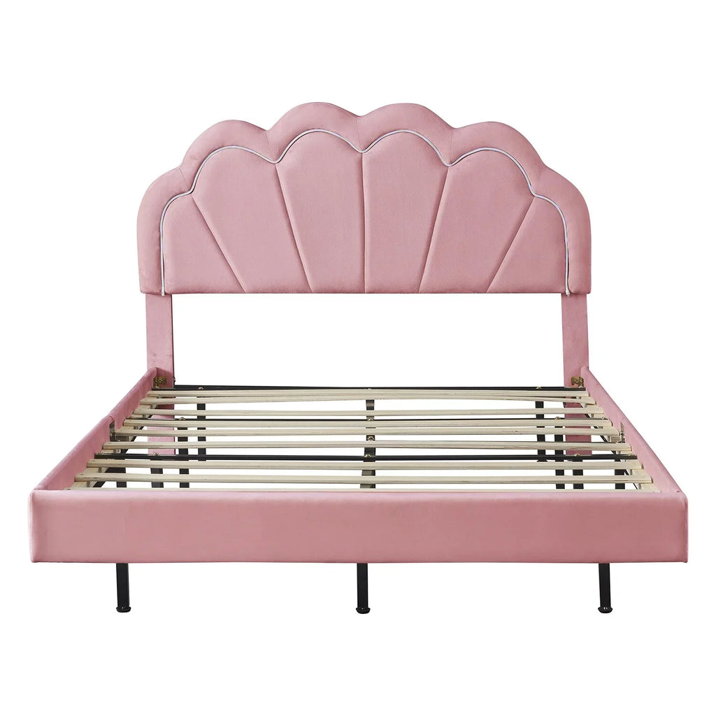 Support Slats Bed Wooden LED Smart with Size Full Platform Beige