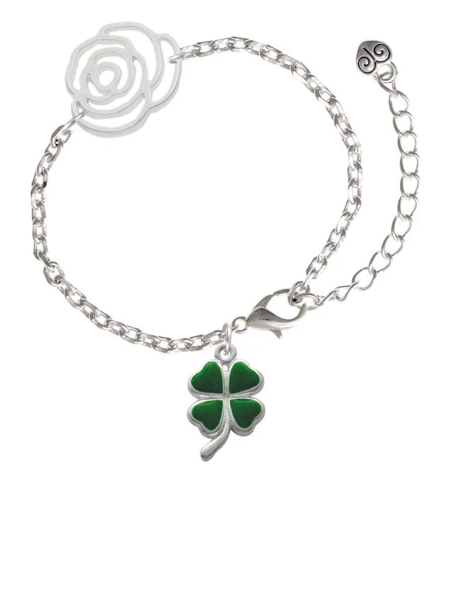 Leaf Green Link Chain Clover Delight Flower wristband, Extender with Jewelry Silvertone 6.75"+2" Leaves Heart Silver-tone Four
