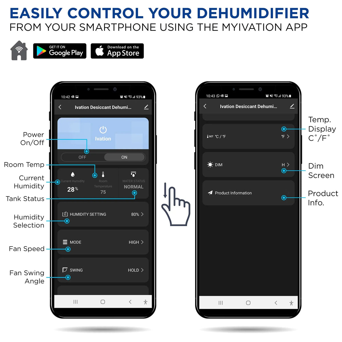 Ivation Wifi 410 Smartphone W/ & Drain Control Dehumidifier 19 Hose Sq/Ft, Pint,