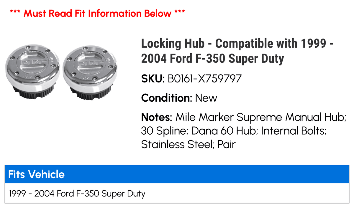 Locking Compatible 2001 - 2000 F-350 2003 2004 - 2002 with Hub Duty Super 1999