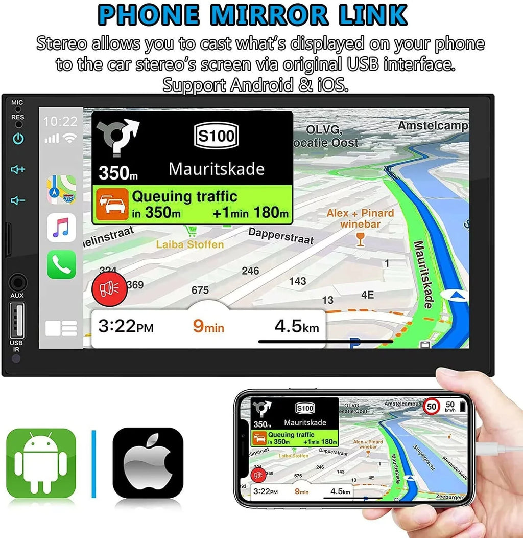 Android/ Touch Player Radio Double Screen 7" Carplay Car 2Din Camera 12LED + Stereo