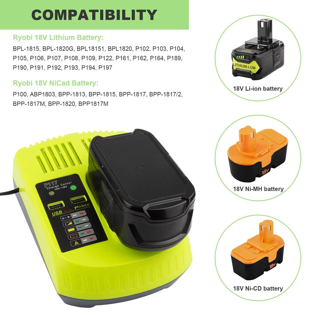 P107 P104 Li-ion P117 18V For US P108 P109 Ryobi Plug P103 Charger Battery Fast