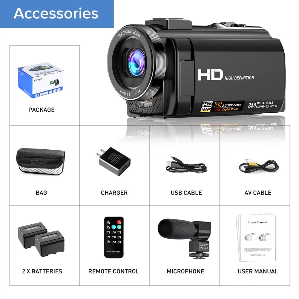 Recorder 16X Rotatable Digital Camera Degrees Digital YouTube Microphone,Remote Camera Zoom Video Batteries 1080P FHD 3" Vlogging 30FPS Camera LCD 24MP 270 Control,2 with Camcorder Screen