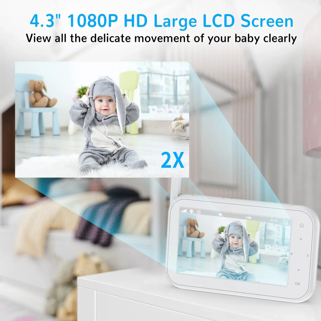 No Auto & Vision,Tem-Sensor, Screen 1080P Audio, with Monitor Night Talk, Pan&Tilt&Zoom, Camera Two-Way 4.3" Baby LCD Febfoxs Wifi