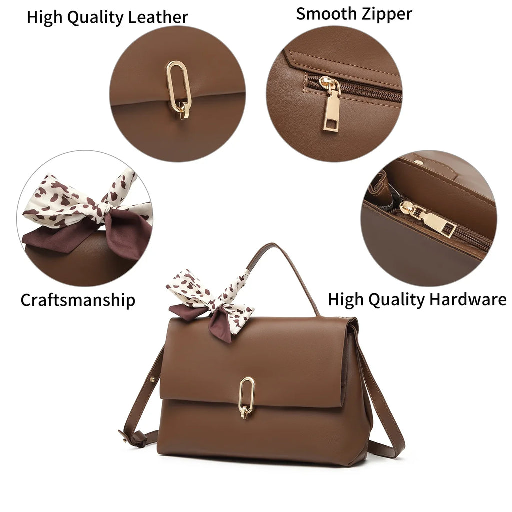 bag Scarf Brown Leather women handbags crossbody hand Flap Women's bags square PU Silk Shoulder Handle Bag bags ladies