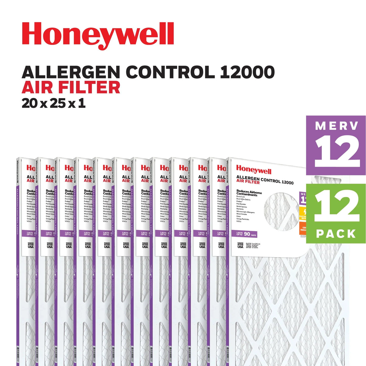 HVAC Furnace 12 MERV Pleated Filter- Air 20x25x1 12 Honeywell Pack