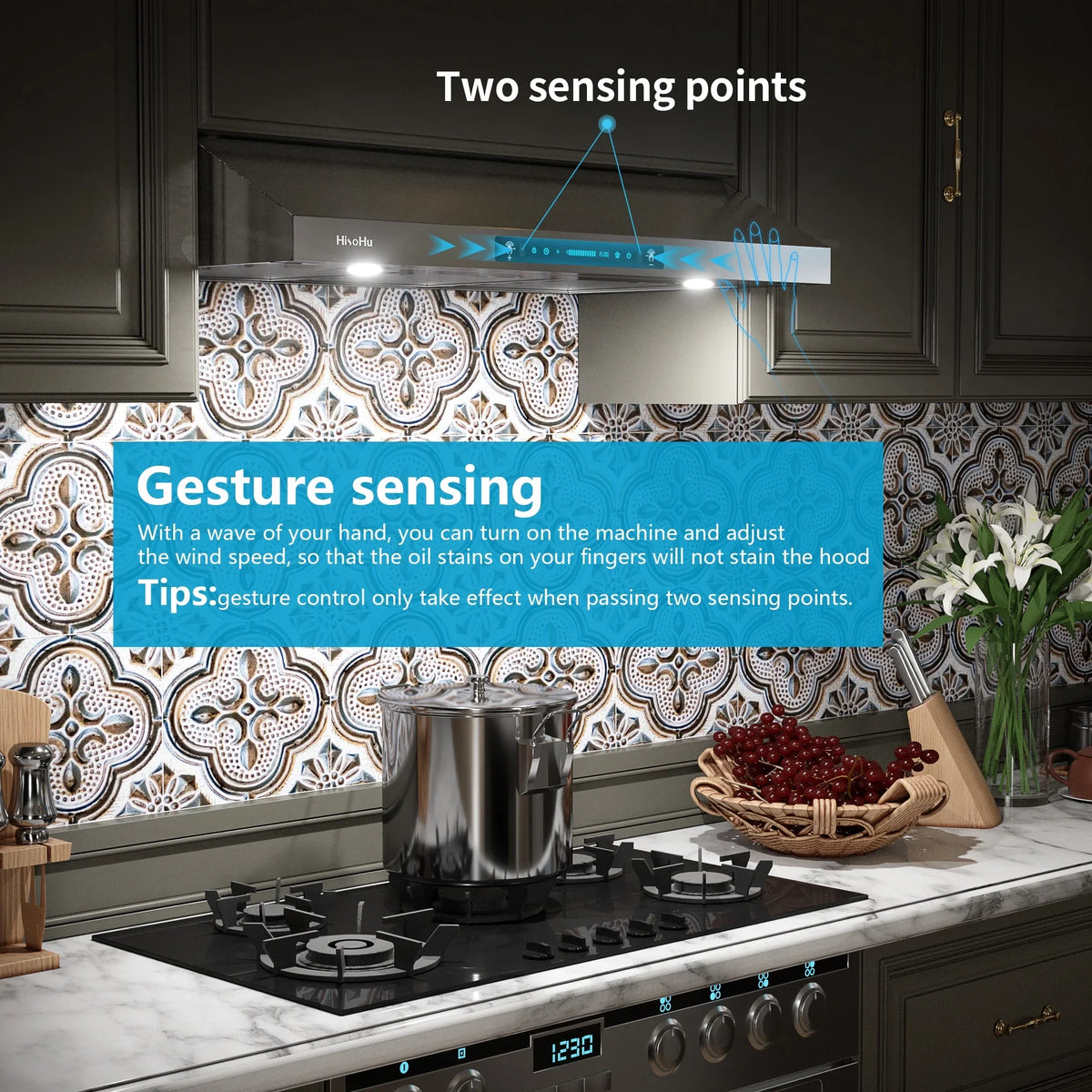 Panel, 4 Steel Vent Sensing&Touch Inch Kitchen Under Cabinet Gesture Hoods Control 30 Speed with 900-CFM, Range Stainless HisoHu