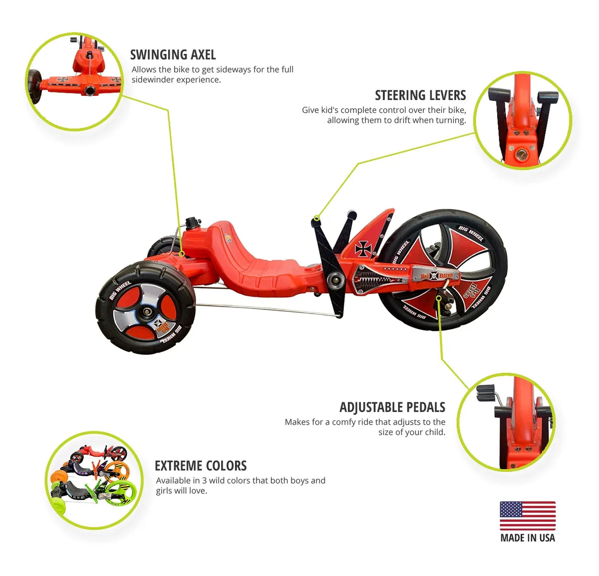 Age Original Made Sidewinder for Racer Wheel 16” USA(Red in Baron) Years Big Tricycle Boys Girls & The 5-10 - of X-TREME
