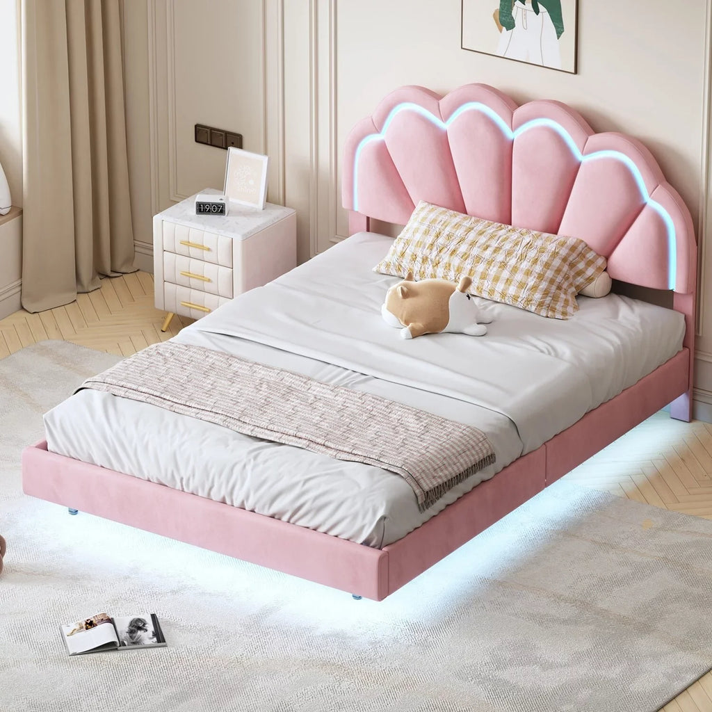 Support Slats Bed Wooden LED Smart with Size Full Platform Beige