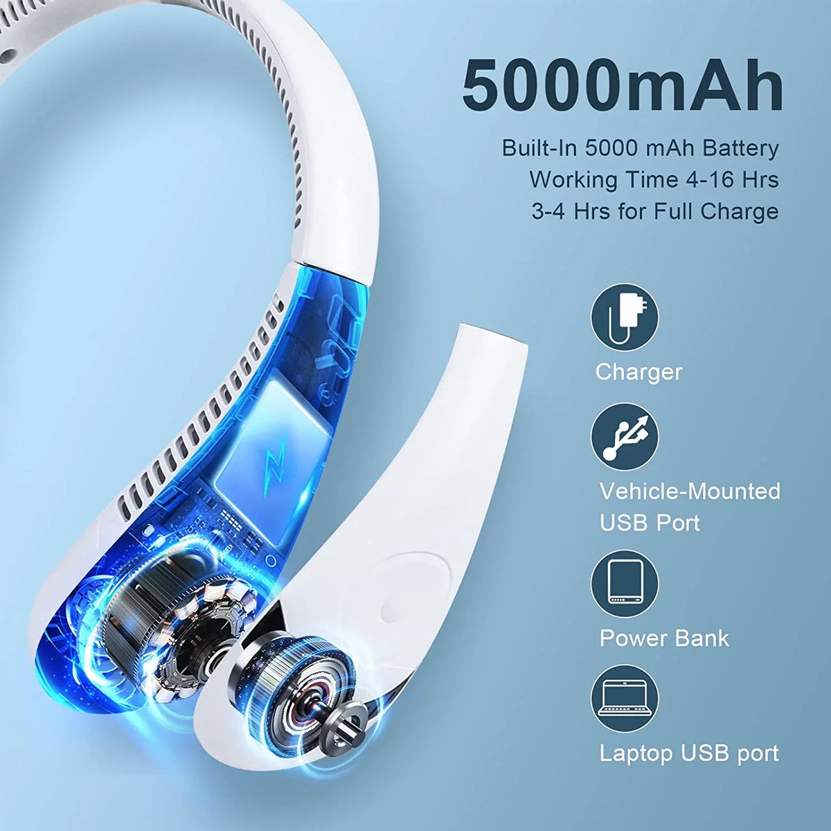 for Fan Outdoor Degrees Neck 360 Fan Fan, Fan Hands 5000 Personal USB Rechargeable Speeds, Fan Portable Wearable Free Airflow Bladeless Morttic Travel 3 Sport mAh Cooler Foldable (White) Perfect