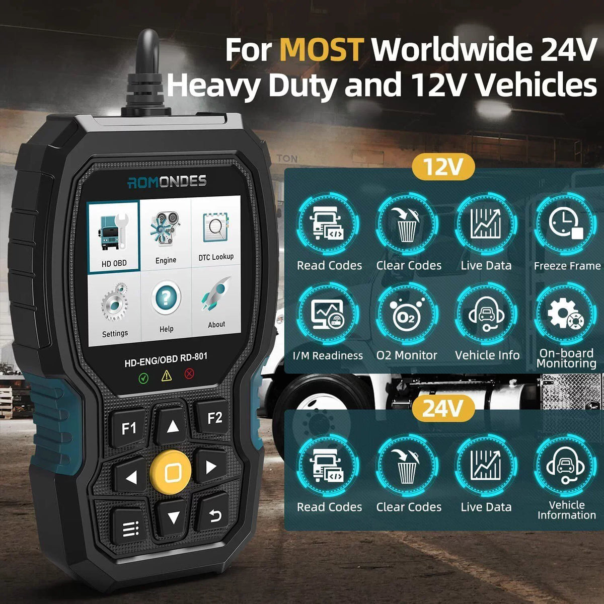 Scanner Tool Reader Romondes Truck Heavy Diagnostic OBD2 Scanner Duty Diesel RD801 Code Truck