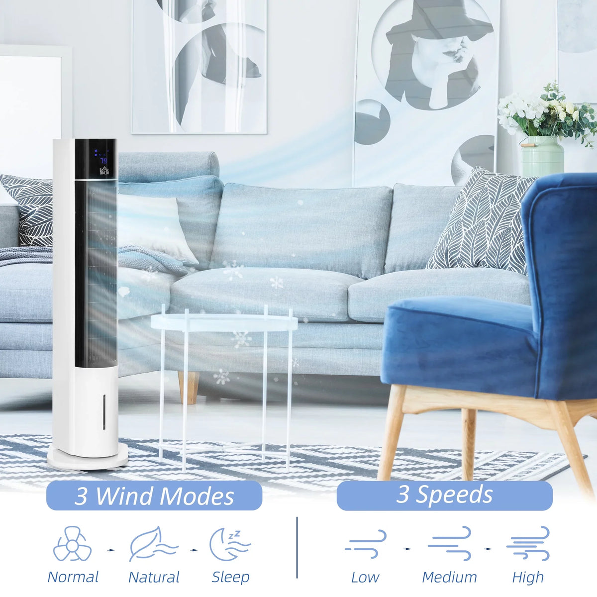 Speeds, 42" Humidifier 3 3-In-1 Air Modes, with HOMCOM Ice Control LED Cooling Fan Tower and Oscillating Timer, 3 Remote Evaporative Cooler Office Display with for Home