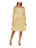 Elasticized Flare Floral Above HILFIGER Fit Smocked 3/4 TOMMY Sheer Shoulder Womens Dress The Yellow 16 Knee Lined Ruffled Sleeve + Off
