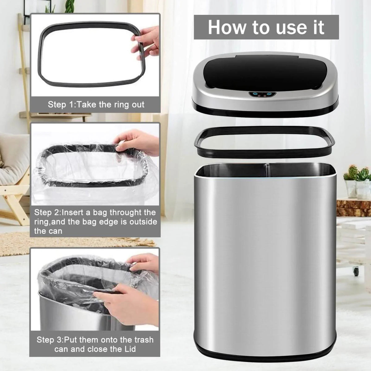 Gallon Mute with Automatic Can Touch-Free for Garbage Designed Waste NiamVelo with Kitchen Motion Stainless Anti-Fingerprint Silver Sensor, Can Home, Lid, & Bin Office Steel Trash 13