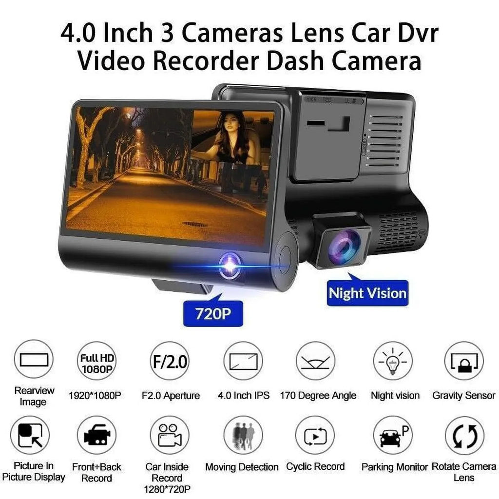 DVR Monitoring HD Car Motion Cam Xhy Video Camera and Driving Recorder G-Sensor, 4" Dual Front/Rear/Built-In 1080P Detection Parking Dash Lens