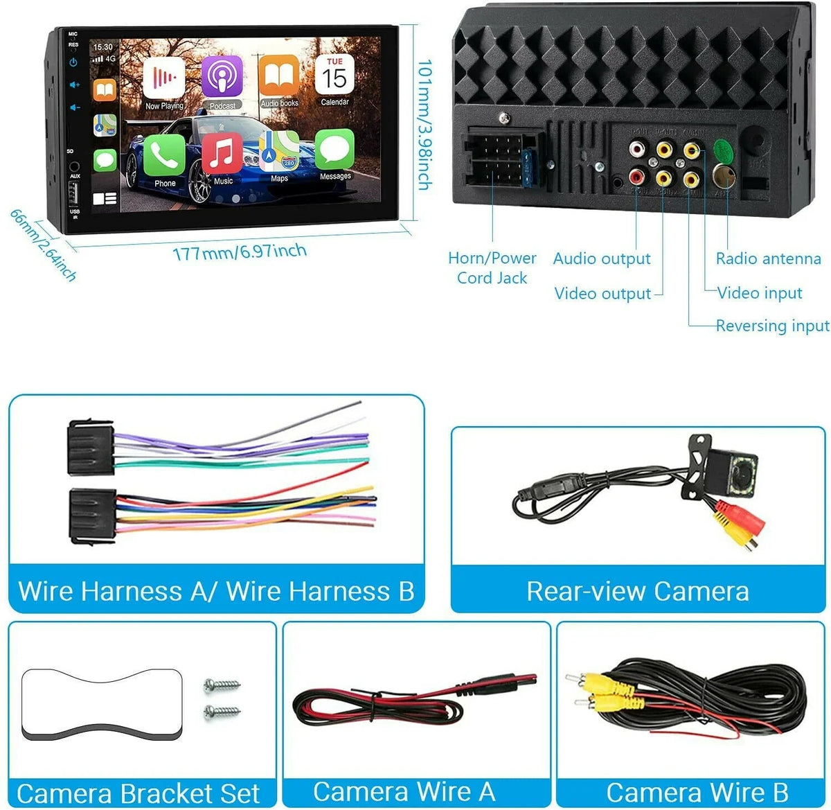 Android/ Touch Player Radio Double Screen 7" Carplay Car 2Din Camera 12LED + Stereo
