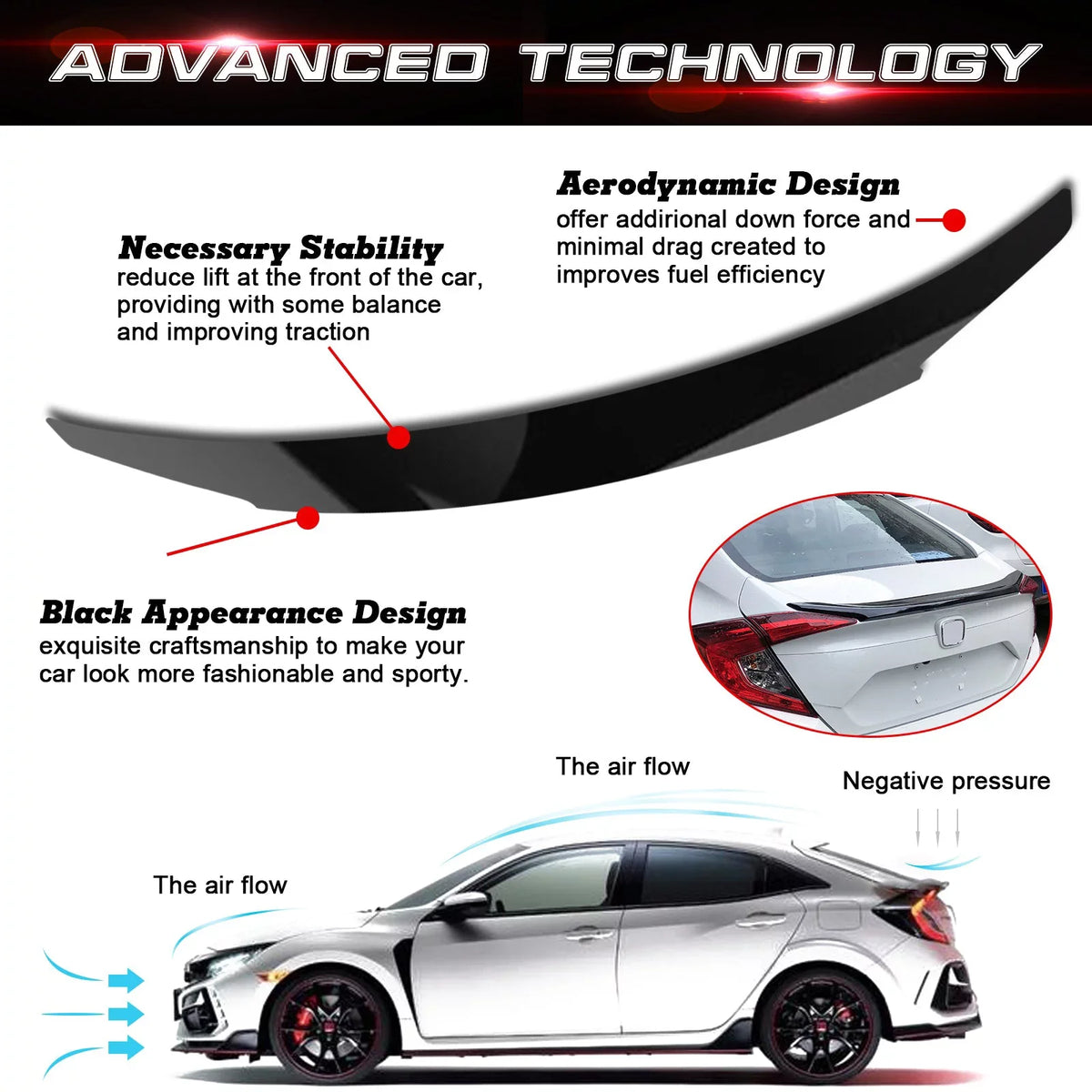 10th Spoiler Tech Civic with Compatible Style Lip JDM Xotic Black Trunk Glossy 4DR Rear 2016-2021 Gen Wing Honda