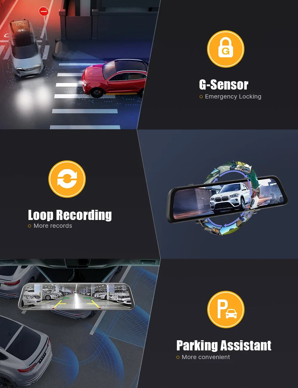 Rear Camera, Screen Dash Loop and Touch View with Mirror Dash Night Waterproof 2.5K Inch Assistance, GPS Backup Cam Camera Parking Front Cam Recording Mirror Dual Rear Vision, 12