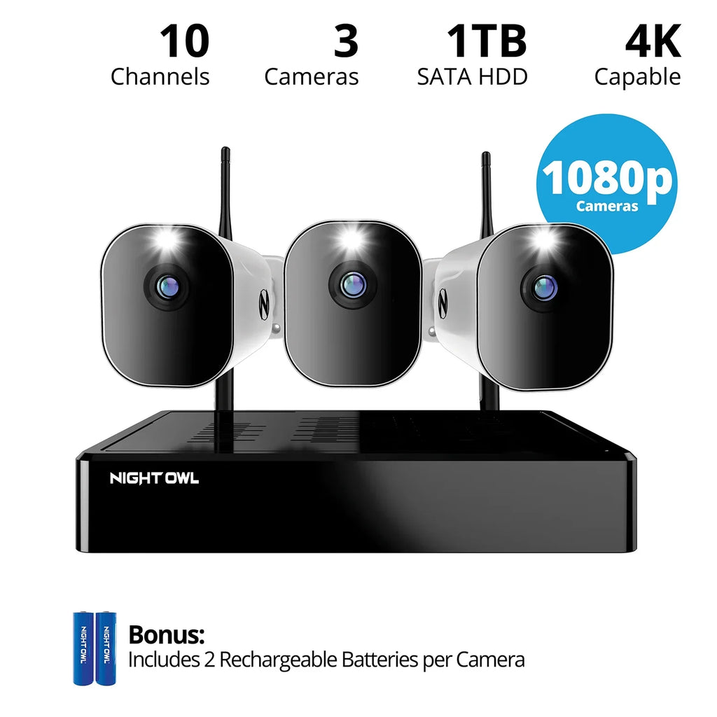 1TB 10 (Battery) Wi-Fi Channel Cameras Owl Spotlight 1080p NVR Free Hard 3 Night Drive HD 4K with and Wire