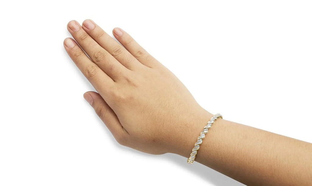 Haus Clasp Yellow 10k and Diamond of Box Womens 7.25" Round I2-I3 wristband 1.00 Cttw Clarity) (I-J Color, Cut Cut Brilliance Baguette Prong S-Link Gold
