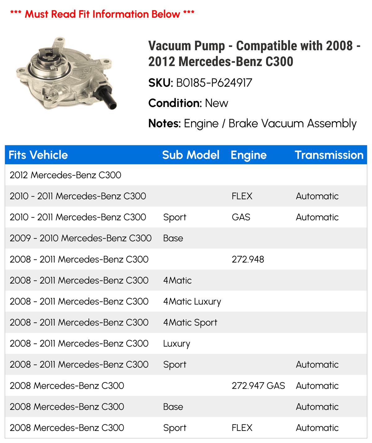 Vacuum Compatible 2011 Pump C300 -Benz - 2010 2008 2009 2012 with -