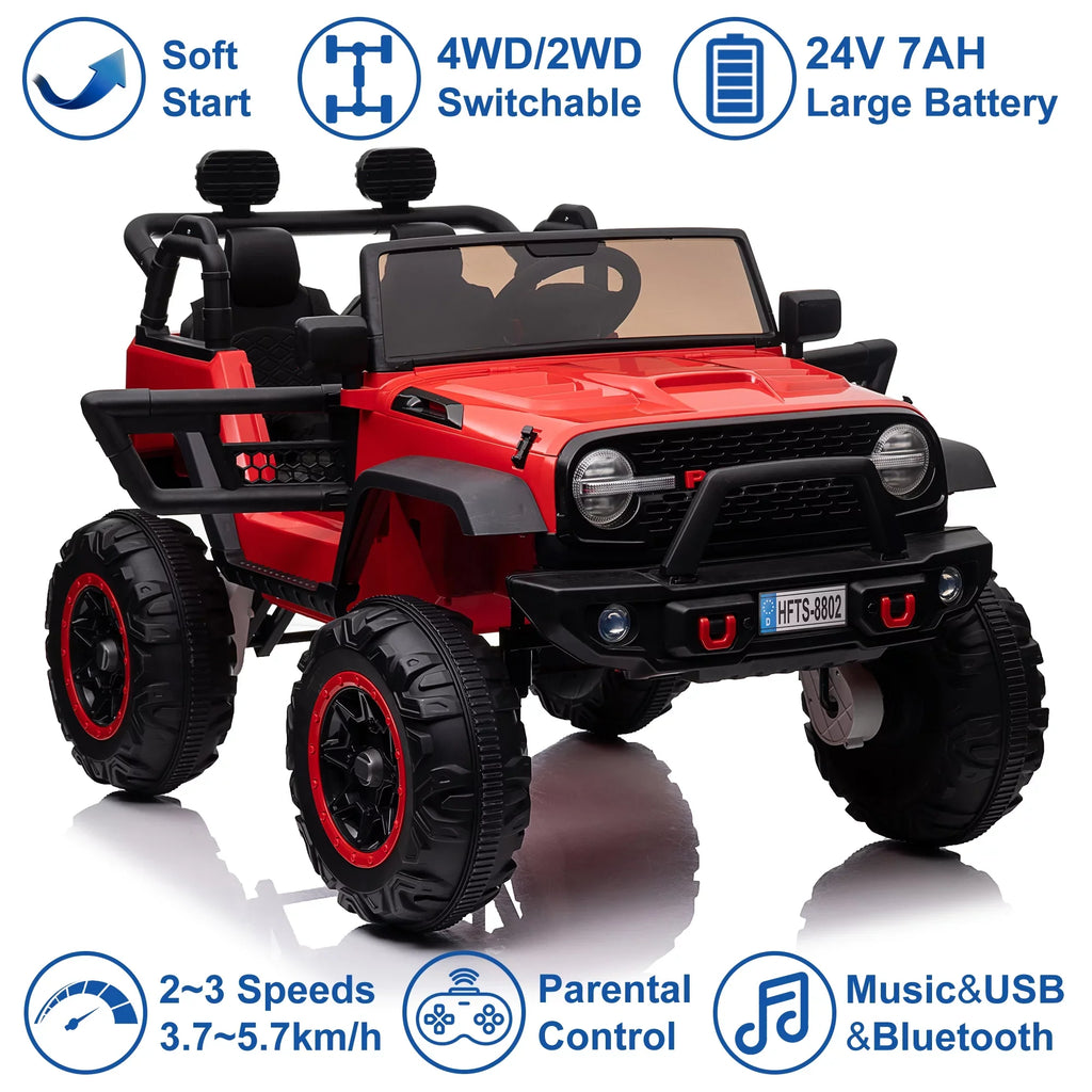 Suspension, Truck Seat, Control, Light Music, Wide 4 Brake, Remote Powerful Extra Ride Electric Seater Vehicle 4WD/2WD with LED 20" 24V Switchable Kids Kids (Red) Soft 2 Engines, Car with On