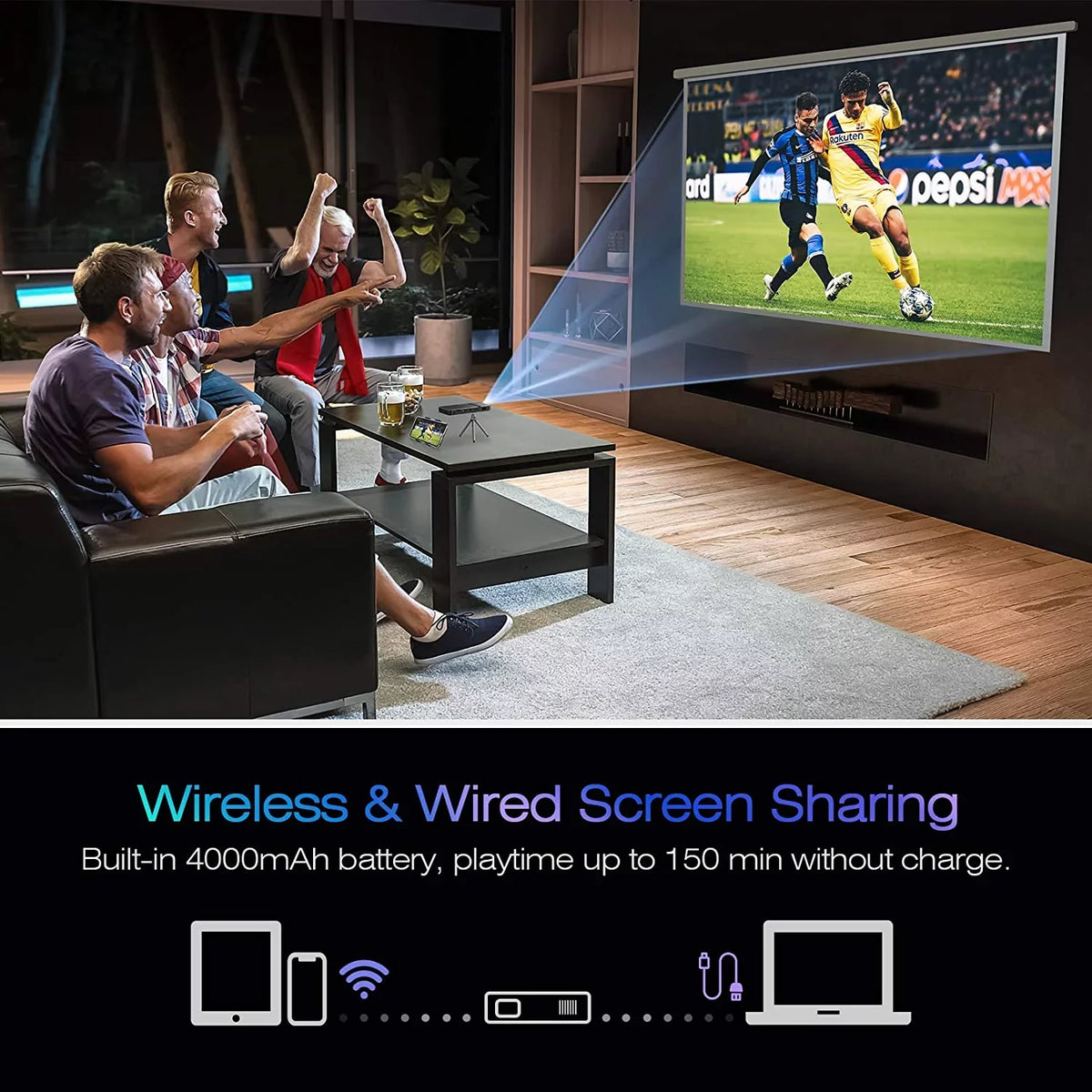 Projector Rechargeable Projector, Control HDMI Mini Movie Portable Pocket-Sized Built-in Projector, and Support AKASO Battery Projector, Remote DLP Speakers 1080P Cookie WiFI Stereo