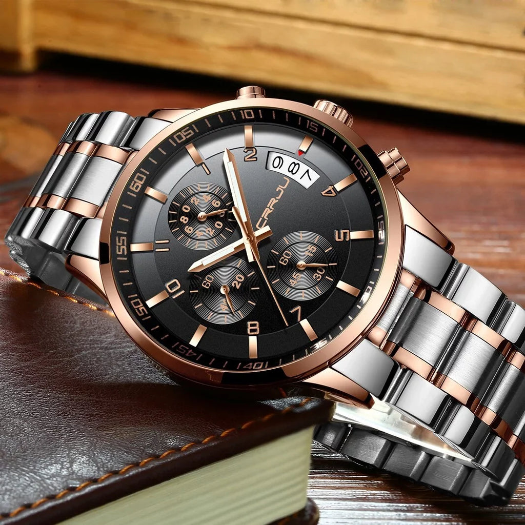 Stainless Luxury Steel Fashion Watch CRRJU relogio masculino Business Men Watch for Mens Quartz Waterproof Chronograph Watches