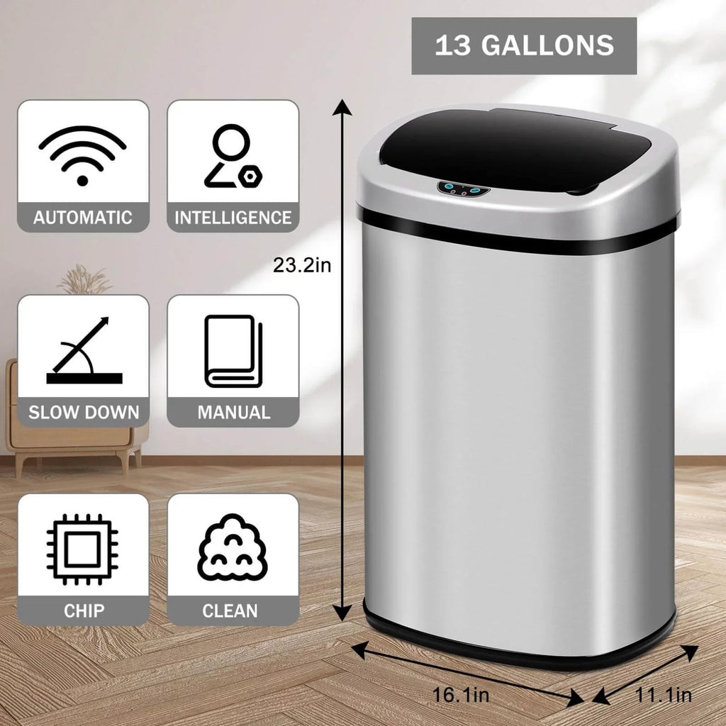 Gallon Mute with Automatic Can Touch-Free for Garbage Designed Waste NiamVelo with Kitchen Motion Stainless Anti-Fingerprint Silver Sensor, Can Home, Lid, & Bin Office Steel Trash 13
