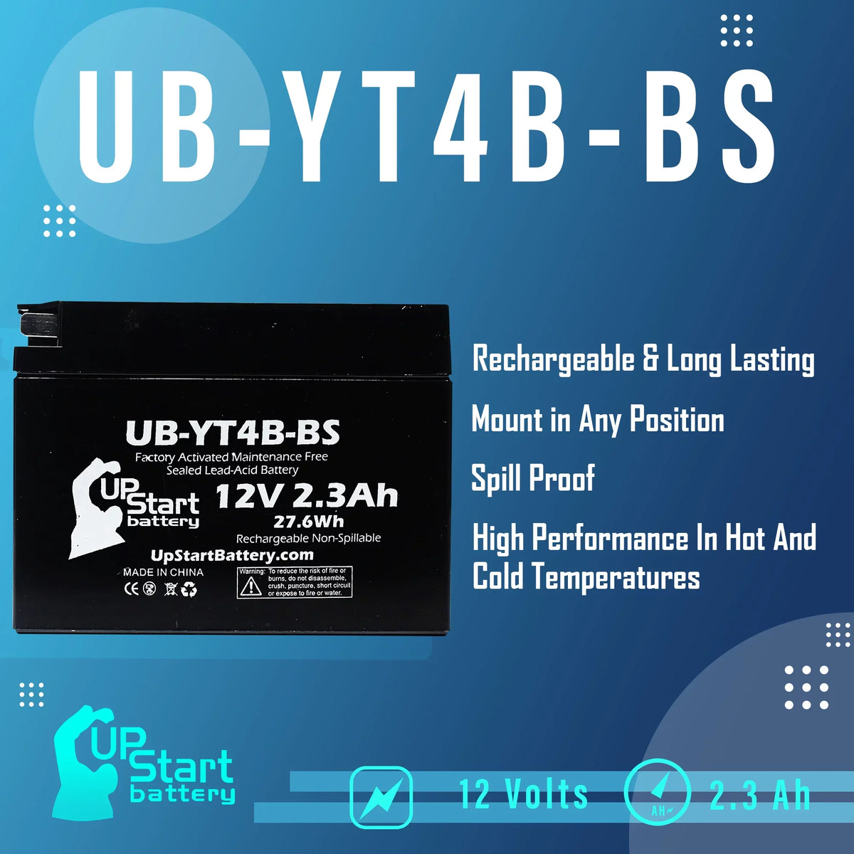 2012 400CC Yamaha UB-YT4B-BS 3-Pack Battery for 12V, Factory SR400 Activated, Free, Battery Maintenance Replacement 2.3Ah, (FI) Motorcycle UpStart -
