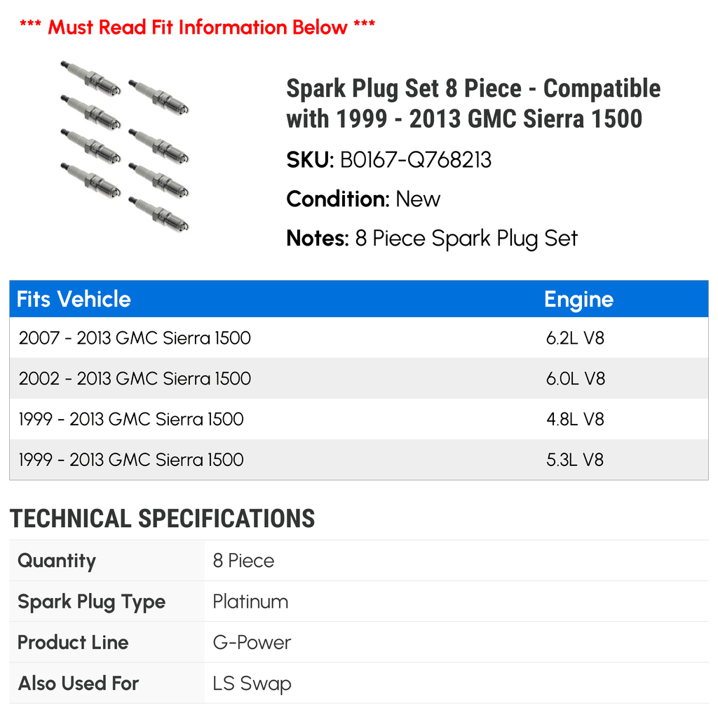 8 2008 1500 Plug - Sierra 2005 with 2009 2003 2011 GMC Spark Compatible 2013 2004 2000 2002 2010 2006 Set 2001 Piece 1999 2007 - 2012