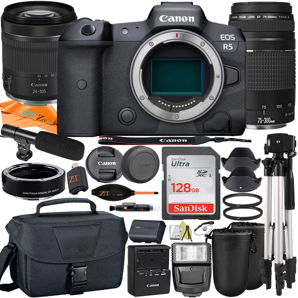 75-300mm 128GB + SanDisk ZeeTech with Mirrorless EOS Adapter RF24-105mm Lens + Camera Mount Accessory + R5 Canon +